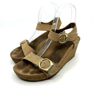 Papillio Women's Tan Wedge Sandals with Gold Buckles
